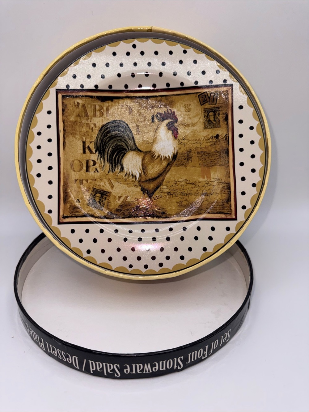 Sakura Rooster Plates- Cream, Black & Gold Set of 4